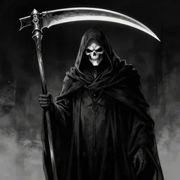the grim reaper holding a scythe, monochrome, dramatic, deviantart, boris vallejo, by tsutomu nihei