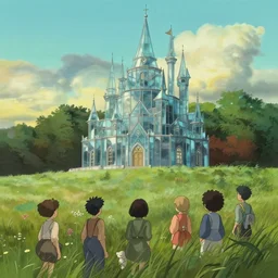 a stylized 2 d cinematic keyframe of a serene field with a glasss castle, joy gaze, cel - shaded, classical animation, edge - to - edge print, rendered by studio ghibli, artgerm, alyssa monks, andreas rocha, david kassan, neil blevins, rule of thirds, golden ratio, ambient lighting, art