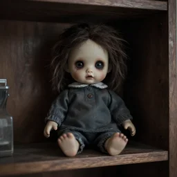 creepy doll sitting on shelf, staring at camera, 8 k, photorealistic, dark