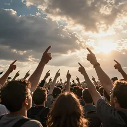 crowd with raised arms pointing towardб demonstration, cinematic view, epic sky, detailed, concept art, low angle, high detail, warm lighting, volumetric, godrays, vivid, beautiful, trending on artstation, by jordan grimmer, huge scene, art greg rutkowski