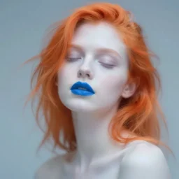 out of focus photorealistic portrait of a beautiful aesthetic pale young woman by sarah moon, orange hair, azure lipstick, very blurry, motion blur, translucent white skin, closed eyes, foggy