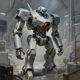 oil painting a futuristic robot factory, brutal, octane rendering, trending on artstation, michael whealan and james gurney
