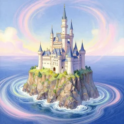 a still frame of the a single magical castle on a cliff by the ocean, colorful swirly magic ripples, pastel colors, by greg manchess, huang guangjian, gil elvgren, sachin teng, greg rutkowski, jesper ejsing
