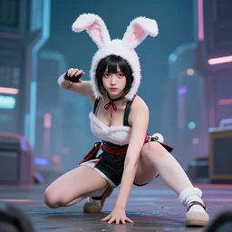 a girl with a cute asian face in a rabbit outfit with a samurai mez stands in a low combat stock, depth of field, fantasy and cyberpunk stylization, focus on the foreground, 8 5 mm, f 1 6