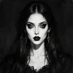 digital art painting portrait of elegant gothic lady with earrings, black and white, black colours, hard edges, high quality, textured, caestrad, cell shading, dark background, mystic, dripping, perfect lighting, high contrast, arstation, artgerm, wlop, 4 k