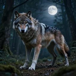 photo of a human partially transforming into a werewolf, in the moonlit forest. physiological transformation ; hybrid creature. highly - detailed ; photorealistic.