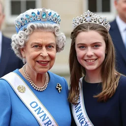 A portrait photo of queen elizabeth teams up with a teenage queen elizabeth, perfect faces, 50 mm, award winning photography
