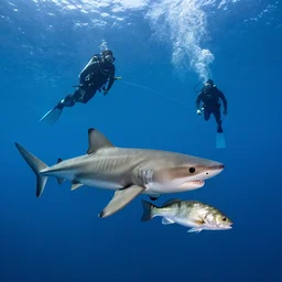 sevengill shark taking calico bass from a freediving spearfisherman's stringer in la jolla, ca. 4 0 feet deep