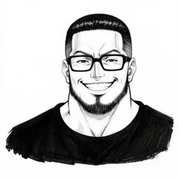 amateur ink line drawing of a buff smiling man with long stubble, muscular neck, rectangular shaped glasses and a black bowl cut, wearing a black tshirt, b & w clean shaped illustration by ric estrada, ron english and eiichiro oda