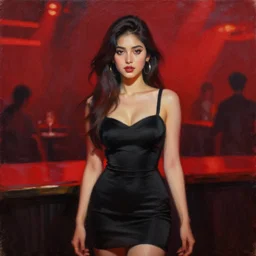 beautiful portrait painting an gorgeous delhi girl wearing a little black dress at a nightclub, red lighting, oil painting, art by ruan jia