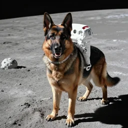 high resolution photograph of a german shepherd on the moon surface, wearing a space suit, very detailed, realistic, shot on digital camera
