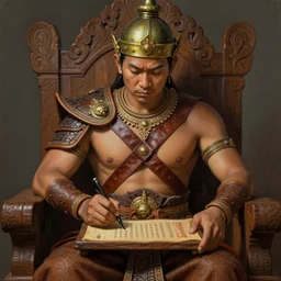 tai warlord, closeup portrait, sit on the thai style wooden craving throne for writing inscription on wooden tablet like king ramkhaheang, historical, ethnic group, traditional tai costume, bronze headset, leather shoulder armor, fantasy, intricate, with leather armor cross onbare chest, elegant, loin cloth, highly detailed, oill painting, artstation, concept art, matte, sharp focus, illustration, hearthstone, art by earl norem