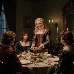 cirno preparing the home for guests for dinner, renaissance style, dark shadows