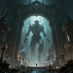A massive portal to a lovecraftian dimension has opened with an ancient one reaching through to enter the human world, in front of a massive cyberpunk gothic metropolis, epic scale, epic scene, massive, rendered in octane, CryEngine, hype realistic, digital art, Artstation, Lovecraftian, 8k