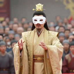 The masked emperor giving a speech to a very large crowd of people.  He has very ornate clothing and a mask  || VERY VERY ANIME!!!, realistic shaded  fine details. Anime. realistic shaded lighting poster by  katsuhiro otomo, ghost-in-the-shell, ayami kojima