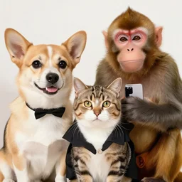 Dog, cat and monkey in suits taking selfie.