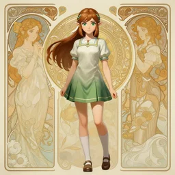 full body of a beautiful zelda high school girl, brown hair, ponytail, white ribbon, green eyes, full perfect face, western, fantasy, intricate, elegant, highly detailed, digital painting, artstation, detailed school background, matte, sharp focus, illustration, art by Artgerm, Greg Rutkowski, Alphonse Mucha, Sasoura, Satchely, no distorsion