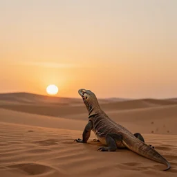A komodo dragon looking at a sunset over the desert with the sun still visible, synthwave, award-winning image, trending on artstation, 8k