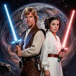 screenshot portrait of Luke Skywalker and Princess Leia, with the lightsabers ignited, on a planet of maelstrom, chaos, the world without form, 1970s film by Stanley Kubrick, iconic scene, HR Geiger design, stunning cinematography, hyper-detailed, sharp, anamorphic lenses, kodak color, 4k, stunning