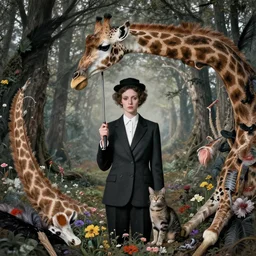 photographic portrait max ernst sad woman giraffe feathers, melting, floral, wearing a suit, holding an umbrella and a cat, spiraling forest, editorial