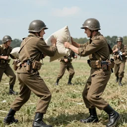 photo of a world war two pillow fight, colour photo, sunny day, august 1 2 th 1 9 4 4.