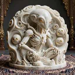 carved white marble alien biomechanical sculpture, persian rug, Mandelbulb 3D fractal, trending on artstation, subtle gold accents, beautifully lit, bt Zdzislaw Beksinski, thsutomu nihei, Peter mohrbacher, hyper detialed, insane details, intricate, elite, ornate, elegante luxury, dramatic lighting, CGsociety, hypermaximalist, golden ratio, environmental key art, octane render, weta digital, microdetails, structure, ray trace