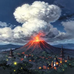 highly detailed illustration of a volcanic landscape with fireflies and temples while rains at night and lots of high exposure cummulonimbus clouds by makoto shinkai, by moebius, by oliver vernon, by joseph moncada, by damon soule, by manabu ikeda, by kyle hotz, by dan mumford, by otomo, 4 k resolution
