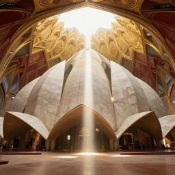 interior of a futuristic lotus temple with gold, red and white marble panels, shafts of sunlight in the centre, in the desert, by buckminster fuller and syd mead, intricate contemporary architecture with art nouveau motifs, photo journalism, photography, cinematic, national geographic photoshoot