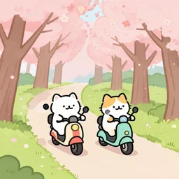 a cute artwork of two cats riding scooters through a forest of cheery blossom trees