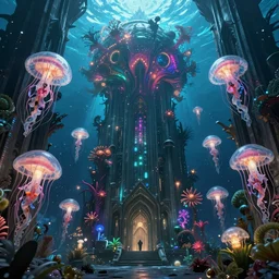 high quality photo of cinematic underwater dystopian cyber - gothic cathedral ruins with giant bioluminescent colorful mutant plants and cyborg jellyfish, digital art masterpiece, aykut aydogdu eric zener, dramatic volumetric light, extreme long shot, ground angle uhd 8 k, sharp focus