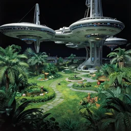 beautiful matte painting of green gardens on a futuristic sci-fi space station, cinematic angle, cinematic lighting, by Syd Mead, John Harris, Federico Pelat