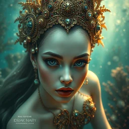 portrait of beautiful underwater mermaid by irakli nadar with intricate detailed ornate headdress made of gold and gems stones, coral reefs, haunting, elite, elegant, melting wax, mycelia, abstract impressionism, ruan jia, dark fantasy, hyper detailed, concept art, by gustav klimt