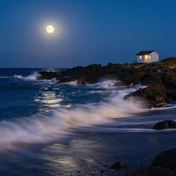waves crashing on a beach at night, moon, lava rock, small house