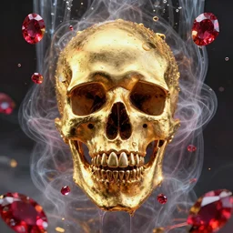 vivid conceptual dream of resonating death, gold, ruby, glass, water, vaporwave, HDR, octane render, 8k, 4k