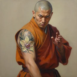 A detailed matte oil on canvas painting of a male martial artist monk, orchid arm tattoos  by greg rutkowski and artgerm, trending on artstation,  dungeons and dragons art