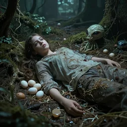 a girl lay eggs from an alien para site inside her, realistic, still shot from movie, horror