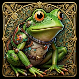 pepe the frog, ultra realistic illustration of a retro futuristic female cyborg punk art nouveau filgree scrollwork, masterpiece, intricate, highly detailed, sharp