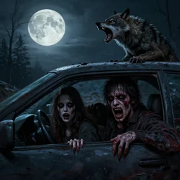 Stunning Digital Art of Horrifyingly devastated man and woman hiding inside of a car while a werewolf howls at the moon outside by Stefan Koidl