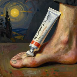 close up of painting tube being squished by a hairy foot. painting by yves tanguy, jan van eyck, rene magritte, max ernst, agnes pelton, monet