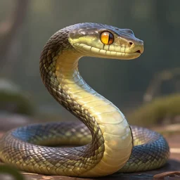 anthropomorphic snake, big, long, beautiful, amber eyes, realism, female, smileing nright, cinematographic shot, artstation