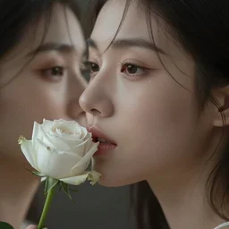 hight focus of a wonderful realistic sweet wonderful symmetrical profile portrait of a lady with a clear skin, with a white rose on her lips, dramatic light, cinematic, artstation, octane render 8 k s 1