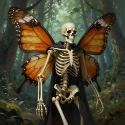 photo of skeleton wizard with butterfly wings in the forest, highly detailed, digital painting, artstation, smooth, sharp focus, illustration, art by artgerm and greg rutkowski and alphonse mucha