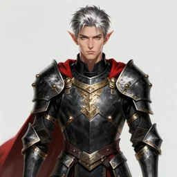 A medium shot portrait of a male elf, he is about 20 years old, attractive, lean but muscular, serious composure, short silver hair, prideful look, he is wearing black heavy armor with gold plating and a red cape, highly detailed portrait, digital painting, ArtStation, concept art, smooth, sharp focus illustration, ArtStation HQ