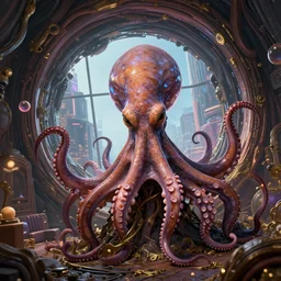 angled close up photo of a chtulu mandelbulb schpongle octopus bioshock xenomorph portrait in a huge hell portal ritual, by wlop by jungyeonmin and james jean jhonseru jsezz artstation and greg rutkowski, with some wood and gold details, biomechanical, lens orbs, global illumination, with a window overlooking a cyberpunk metropolis, lounge, architectural, volumetric lighting, granular detail, japandi, hyperrealist, ( no people in the scene ) micro details, blender, vray