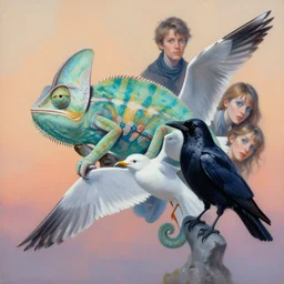 painting of hybrid between chameleon & crow & seagull, intercrossed animal, zdzislaw beksinski, kim donaldson, mattias adolfsson, tiffany bozic, cold hue's, warm tone gradient background, concept art, beautiful composition, digital painting