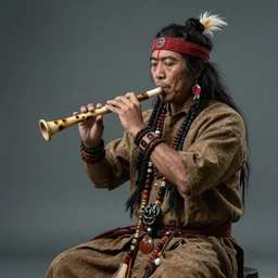 a shaman playing a bone flute, a female air elemental coming out of the other end of a flute