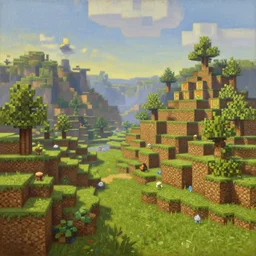 a classic oil painting of a beautiful landscape in the style of minecraft, beautiful detail, amazing lighting,