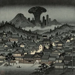 ancient japanese city, made by Kawase Hasui in unkiyo-e style in disturbing and gloomy atmosphere with vibes of Joe Fenton, H. R. Giger, M. C. Escher, Z. Beksinski