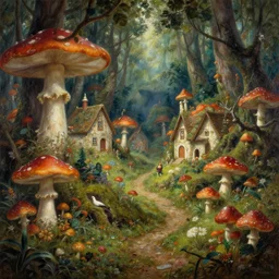 gnome village in an enchanted mushroom forest, highly detailed painting by gaston bussiere, craig mullins, j. c. leyendecker 8 k