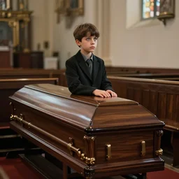 a boy sitting on a coffin in a church, photorealistic, highly detailed, very detailed eyes, snake eyes, hyperrealism